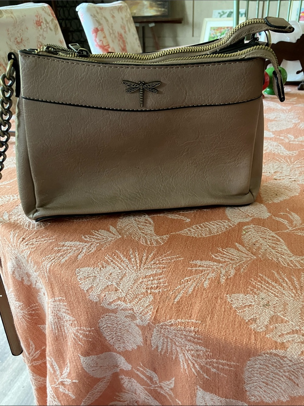Women's Crossbody Bag in Taupe with Dragonfly Accent